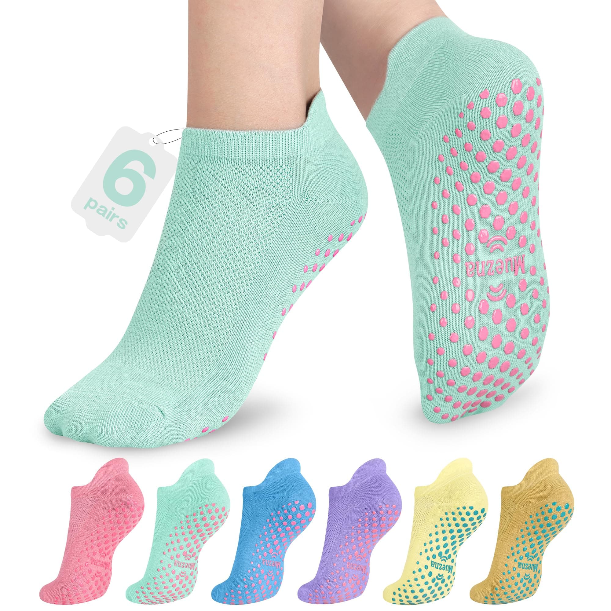 Muezna 6 Pairs Pilates Grip Socks Women Non Slip Yoga Grippy Sock with Grip | Non Skid Gripper Slipper Sticky Socks with Gripper, for Pure Barre Hospital Trampoline Elderly Adult