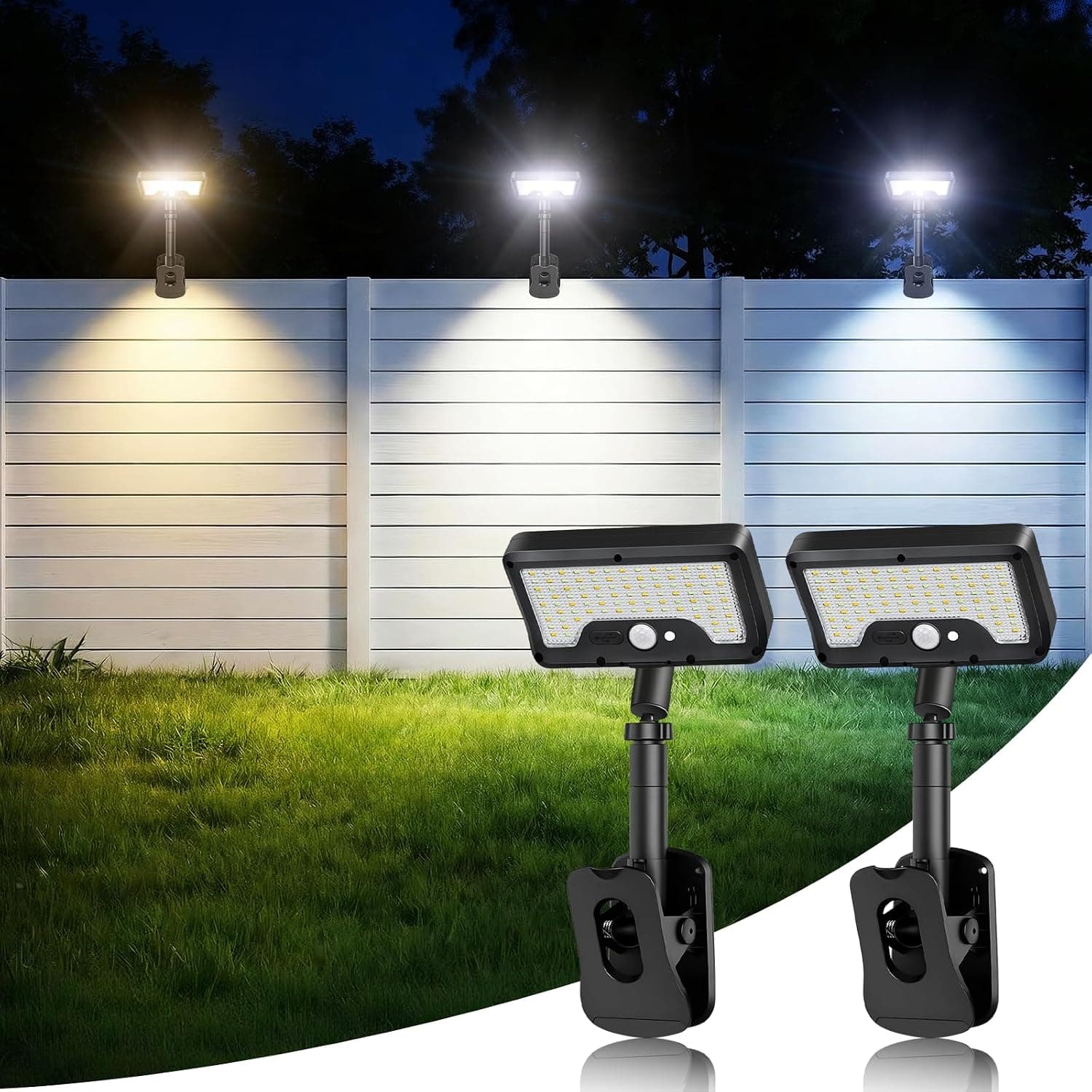 iMaihom Clip On Solar Lights Outdoor with Motion Sensor, 92 LED 600LM Solar Fence Lights, Warm/Neutral/Cool White, 360° Adjustable, IP65 Waterproof Security Light for Deck, Gutter, Porch (2, Black)