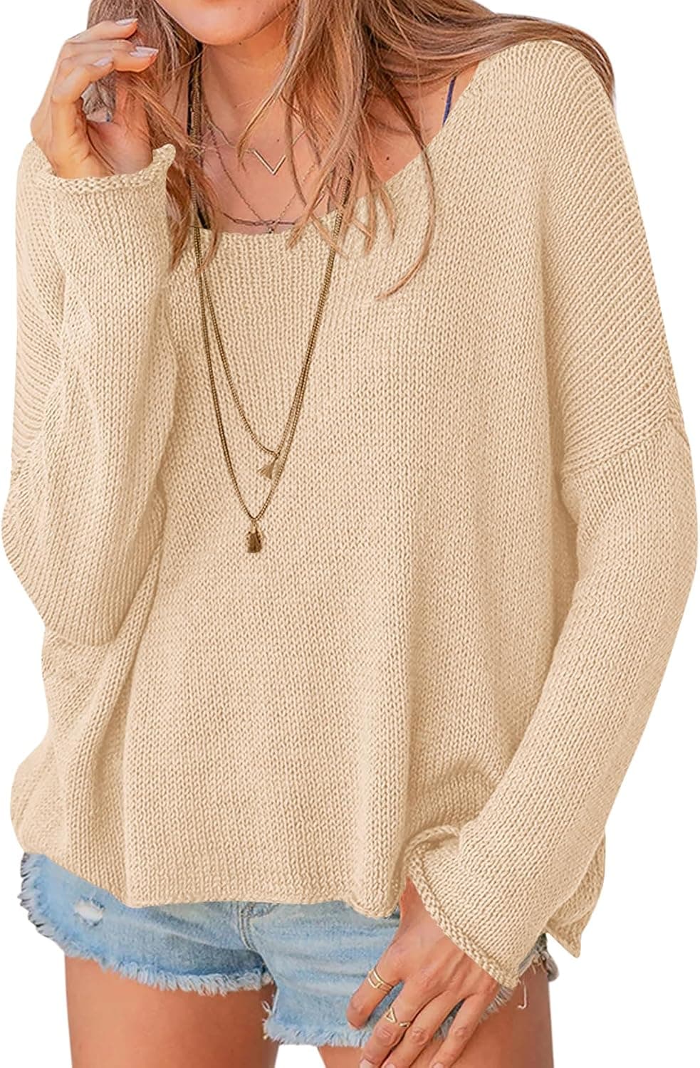 PRETTYGARDEN Women Long Sleeve Scoop Neck Oversized Sweaters | Fall Fashion Lightweight Knit Slouchy Sweater,Casual Winter Cozy Off The Shoulder Pullover Tops,Drop Shoulder Spring Outfits