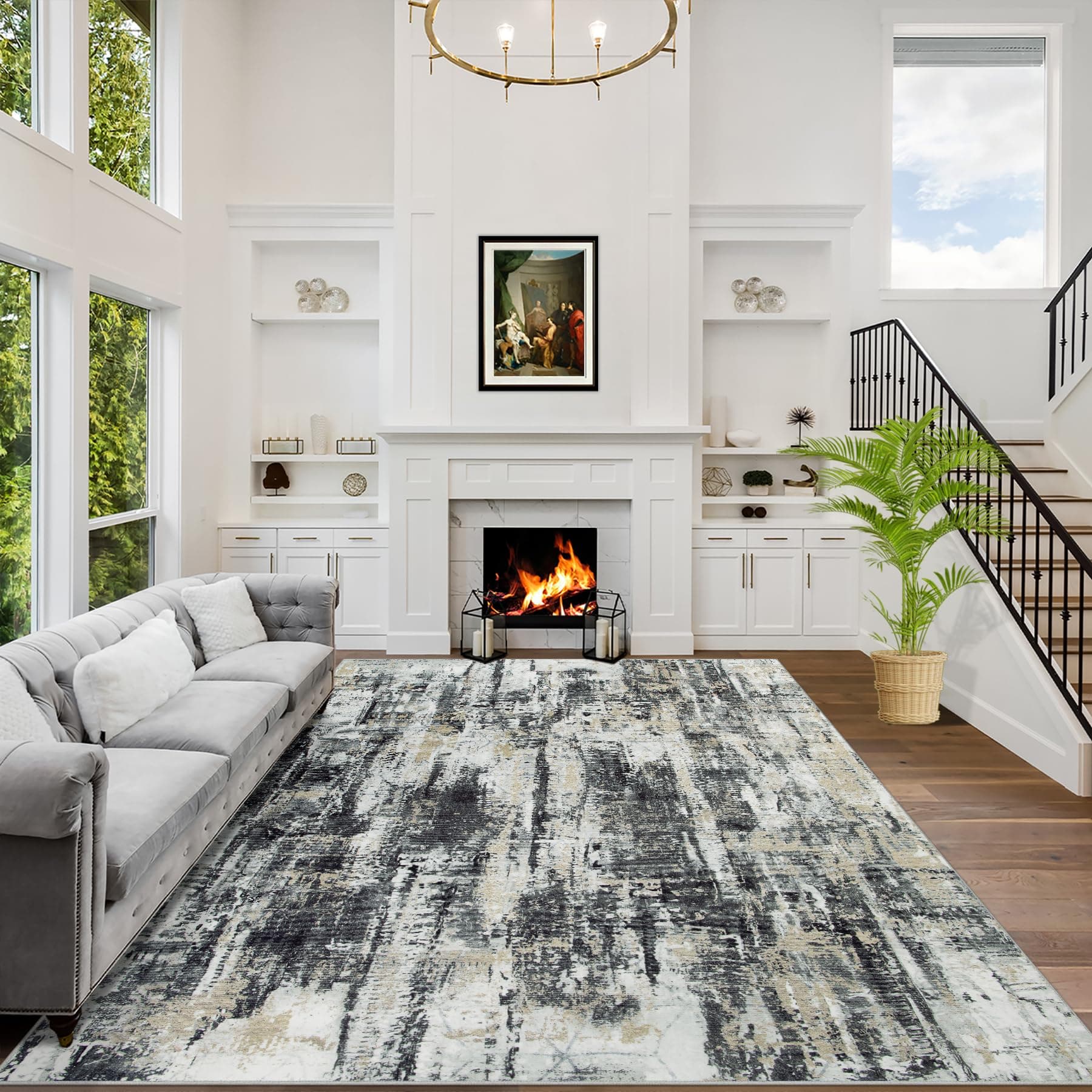 8x10 Area Rugs for Living Room: Washable Abstract Black Grey Gold Carpet | Non-slip TPE backing makes this washable soft low-pile rug safe & durable, Pet-friendly decor for dining room,nursery,office