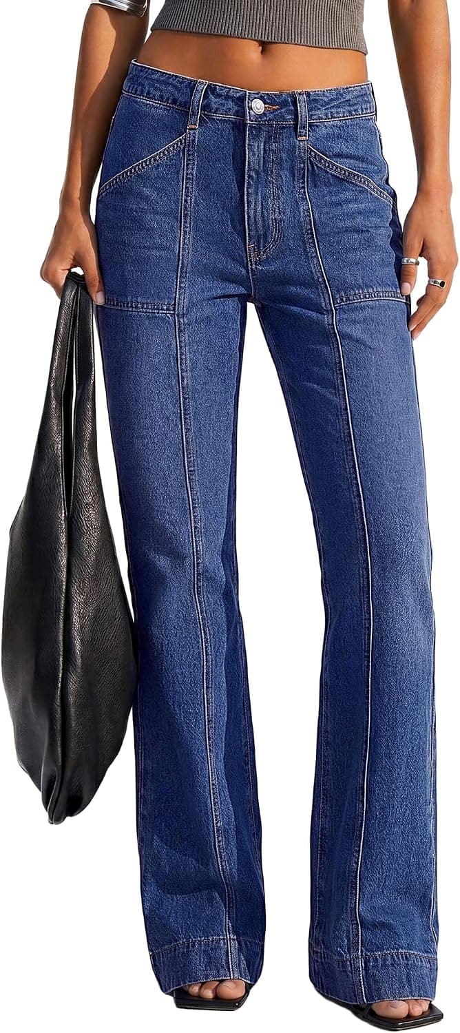 BTFBM Straight Leg Jeans for Women Stretchy Curve Appeal Pants Dark Blue | Front Seam, Little Flare Bootcut Jean, High Waisted Denim Pockets, Travel Airport Outfits, 2026 Trendy Fall Fashion Clothing
