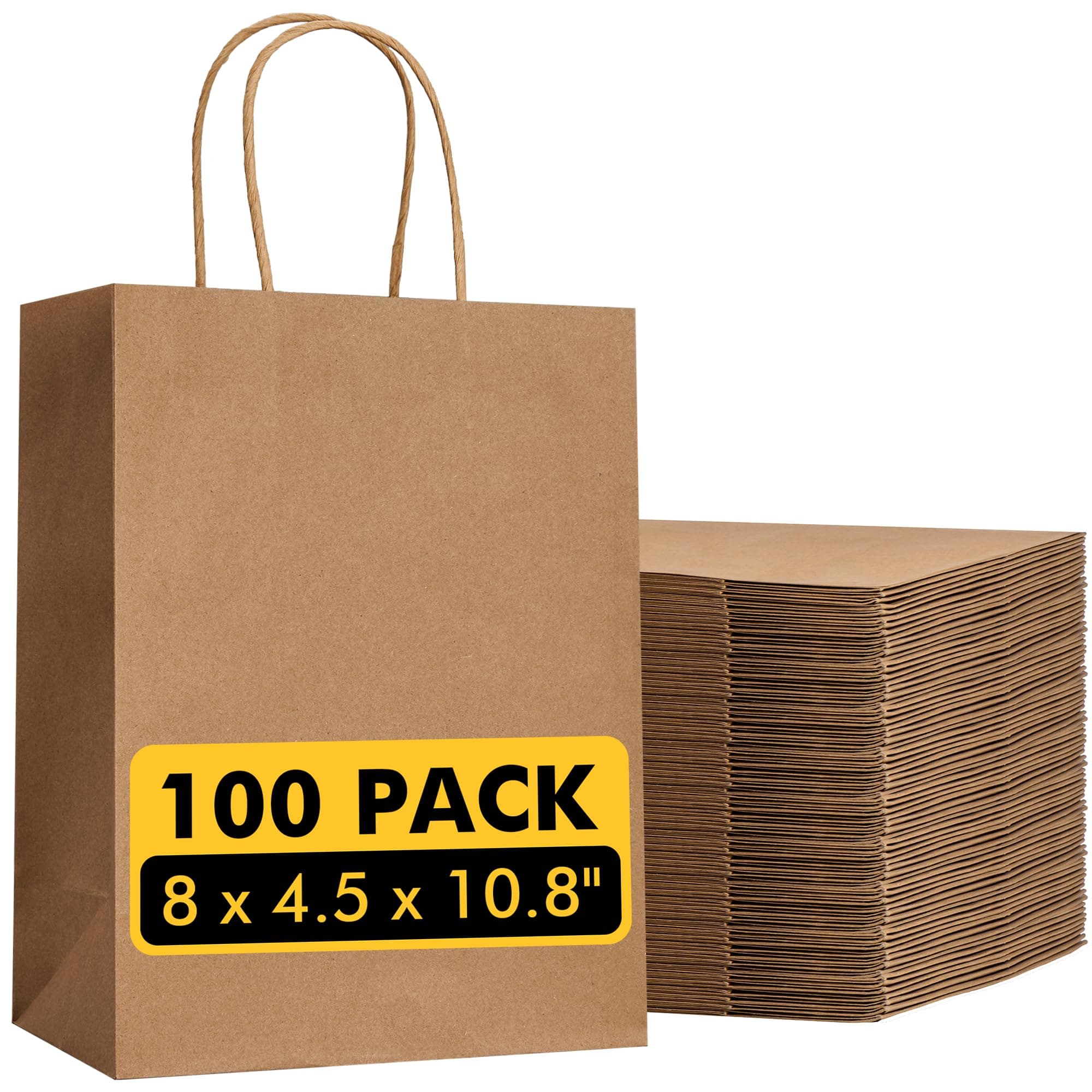 RACETOP 100 Pack Brown Kraft Gift Paper Bags with Handles 8x4.5x10.8 in | Recycled Paper, Reinforced Handles, for Retail, Party, Shopping, Favors, Gift Bags, Gift Giving, Eco-Friendly