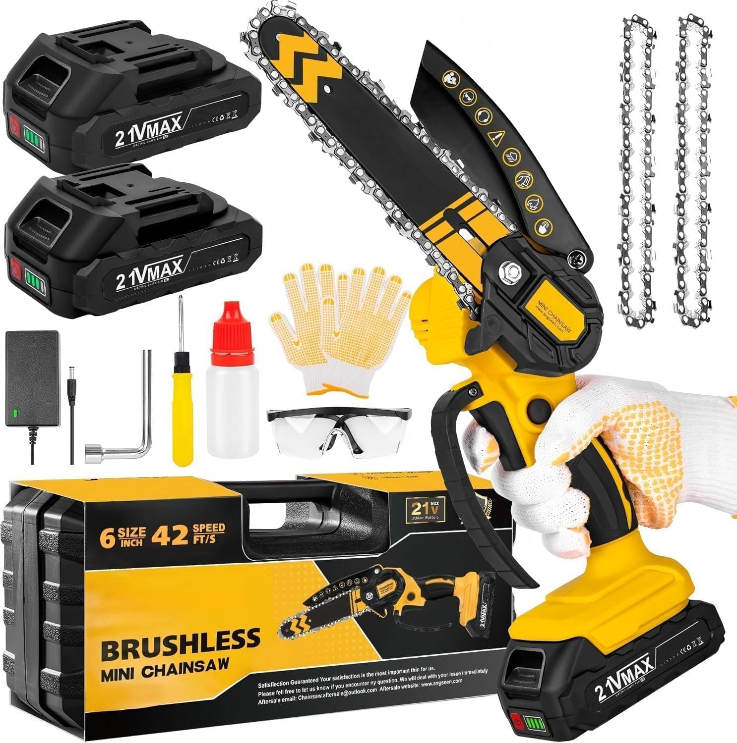 6-Inch Cordless Mini Chainsaw, Handheld Electric Power Saw with 2 * 1500mAh batteries for Tree Trimming and Wood Cutting, Gardening Gift for Men