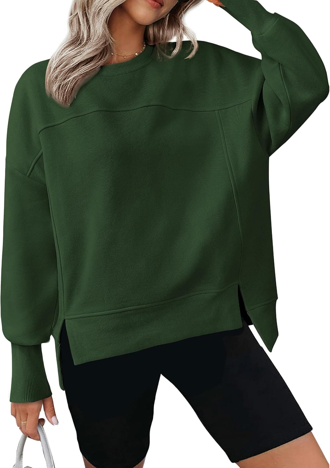 BTFBM Womens Crewneck Sweatshirts Fleece Pullover,S,Dark Green | Casual Long Sleeve Side Slit Tops,Basic Loose Workout Top,Fall Fashion Clothing,Travel Airport Outfits,Winter Clothes 2026