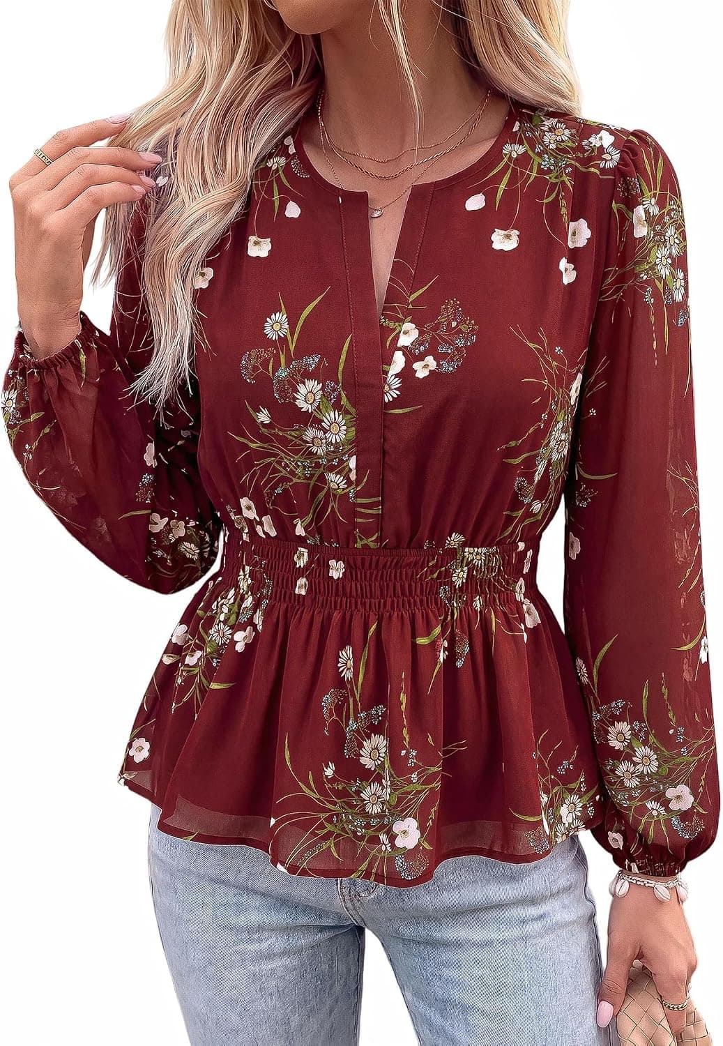 BTFBM Womens Tops Dressy Casual Floral V Neck Long Sleeve Chiffon Shirts | Chiffon Lantern Sleeve Flowy Peplum Sheer Top,Elastic Waist Babydoll Blouses,Boho Vacation Outfits,2026 Fall Fashion Clothing