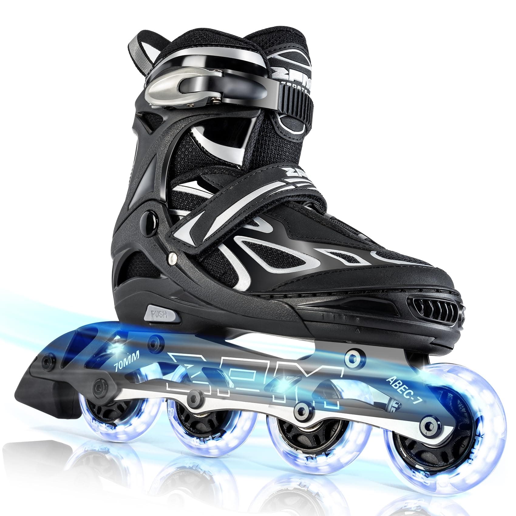 2PM SPORTS Adjustable Inline Skates for Kids, Youth and Adults | Reinforced aluminum frame; lateral support; beginner friendly; triple closure; light-up wheels; 2 non-woven bags