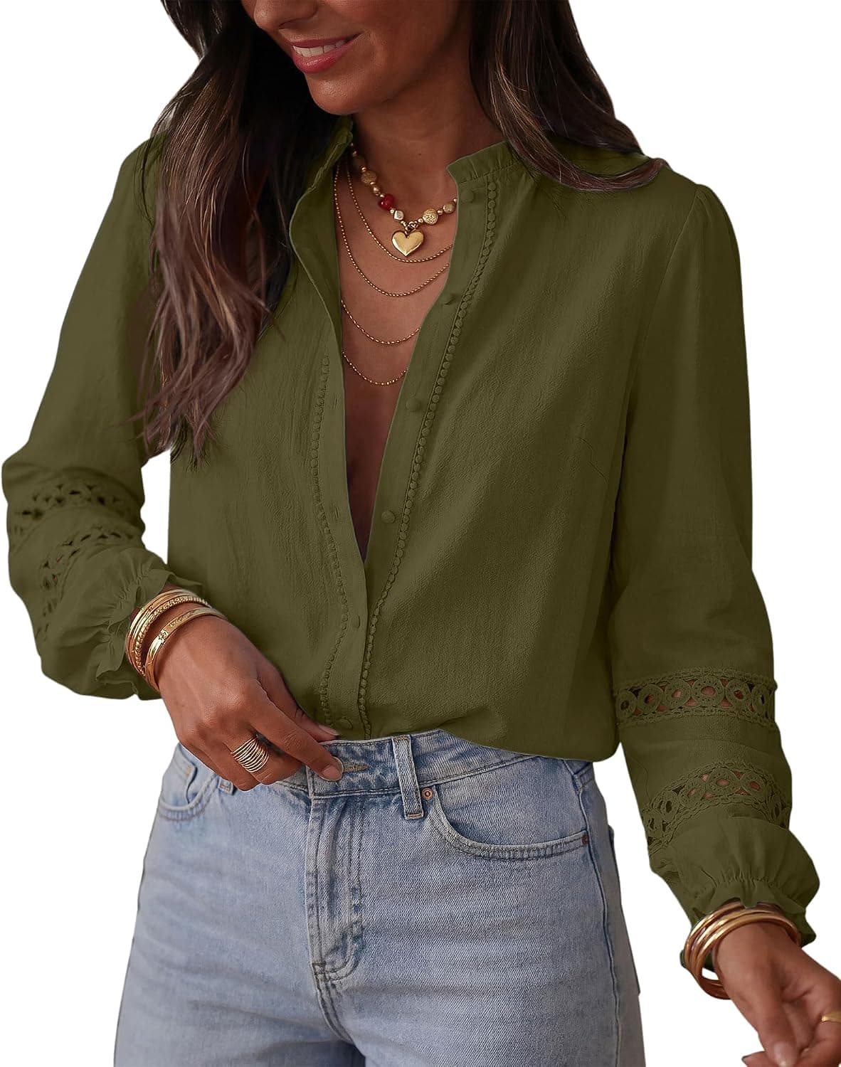 KIRUNDO Eyelet Boho Long Sleeve Button Up Shirts for Women(Army Green, S) | Dressy Casual Blouse, Lightweight Cotton Fabric, Ruffle Neck, Crochet Sleeves, Loose Fit Tops, 2026 Fall Fashion Clothing