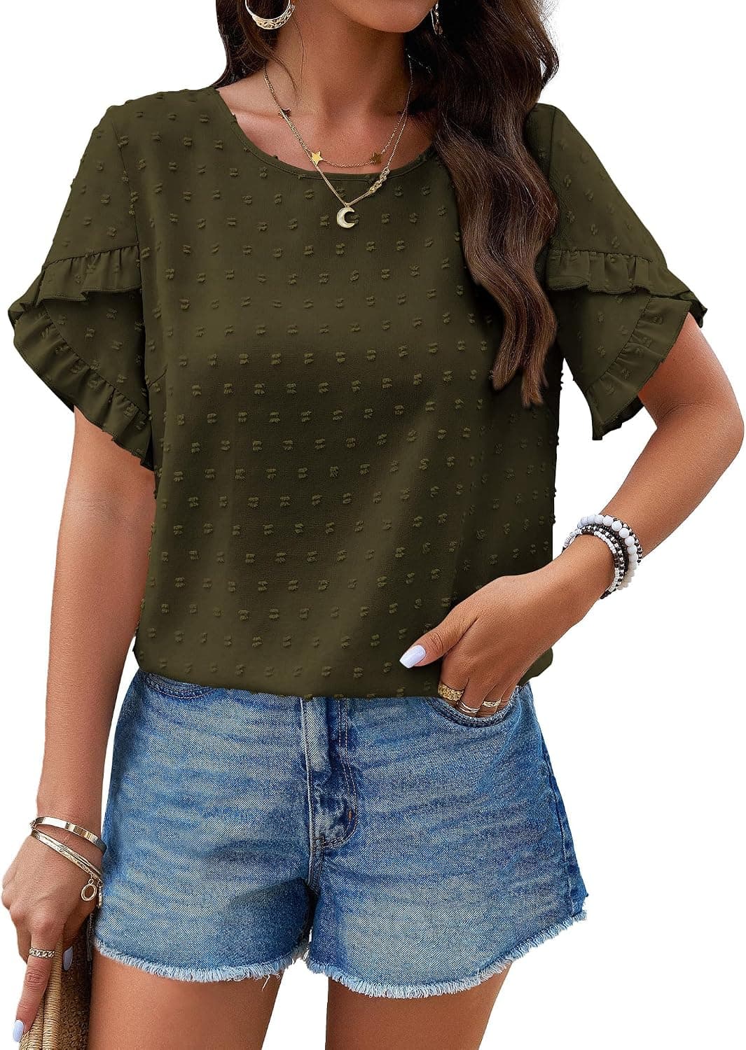 PRETTYGARDEN Women Summer Ruffle Sleeve Swiss Dots Tunic Top,Army Green,S | Casual Crewneck Loose Fit Blouse 2026,Fall Dressy Work Office Shirts,Spring Lightweight Cute Going Out Holiday Tops