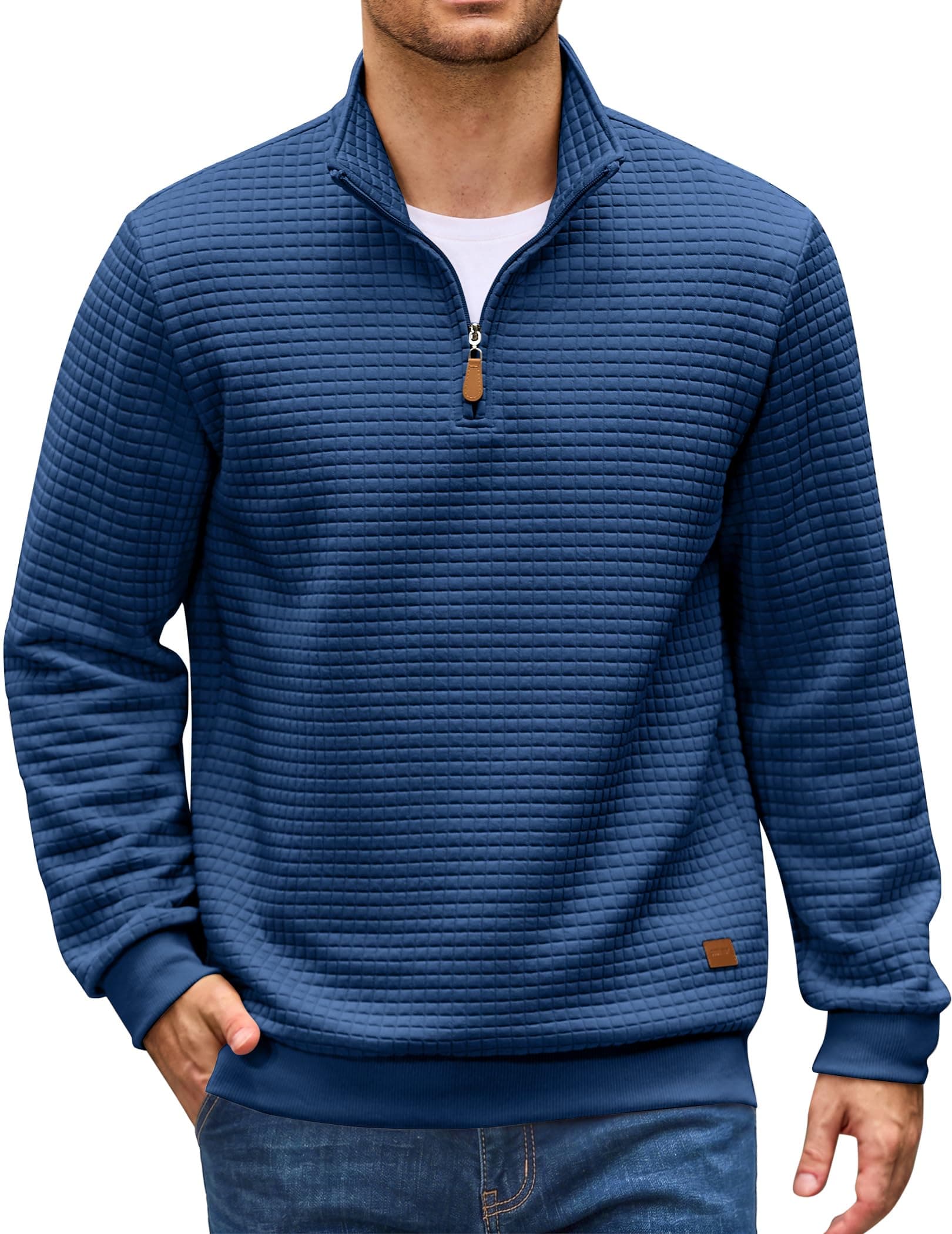 COOFANDY Men's Quarter Zip Pullover Sweatshirts 1/4 Zip Long Sleeve Sweater | Mock Neck Sweater Polo, Casual Business Winter Fall, Leather label and Zipper Pull, quilted fabric with a grid pattern