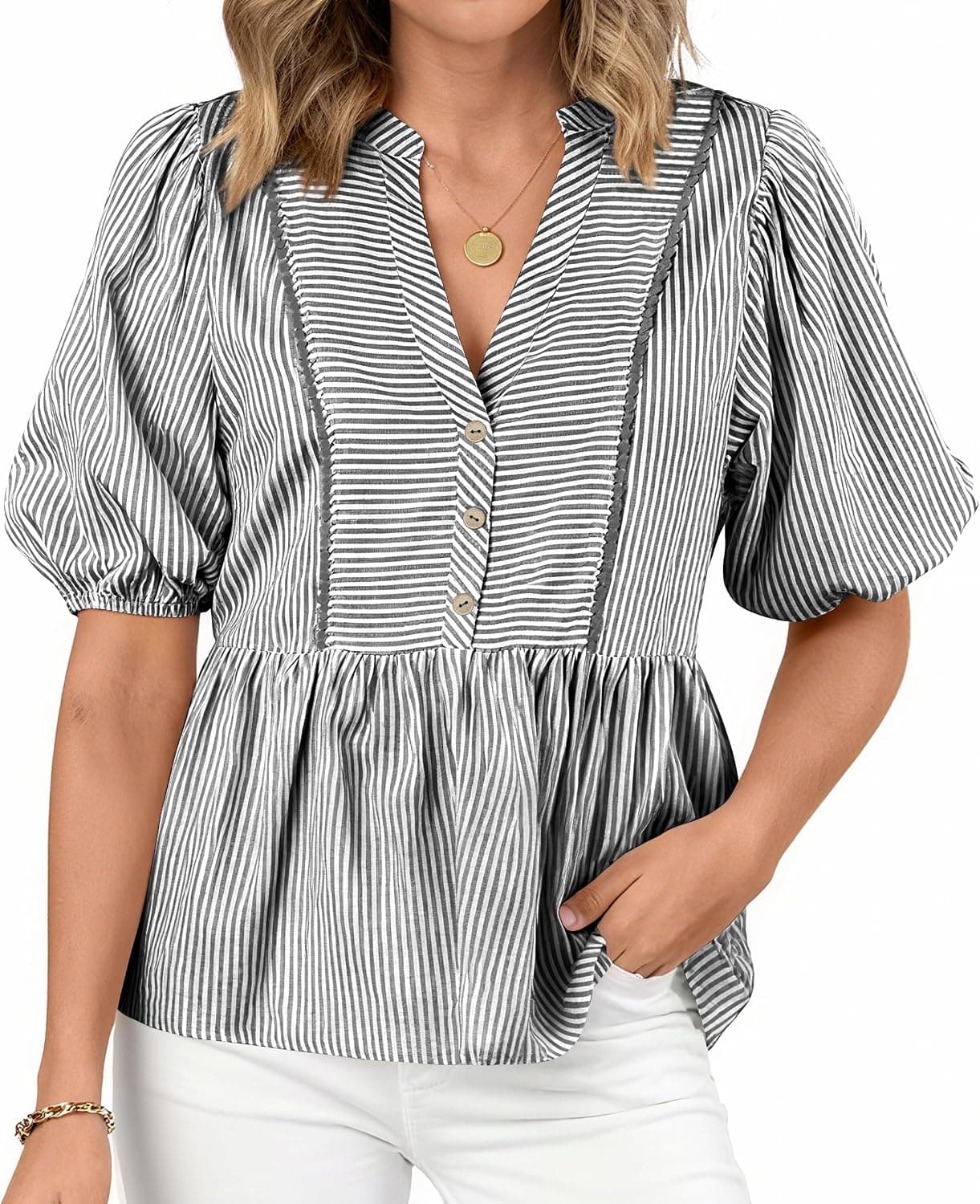 dowerme Women Lantern Sleeve Button Up Stripes Babydoll Tops,Black,S | Summer V Neck Lace Trim Peplum Shirts,Fall Fashion Striped Loose Tunic Top,Spring Business Casual Beach Vacation Clothes