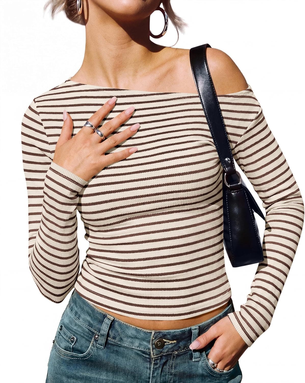 PRETTYGARDEN Women Off The Shoulder Striped T-Shirt,Apricot Coffee,S