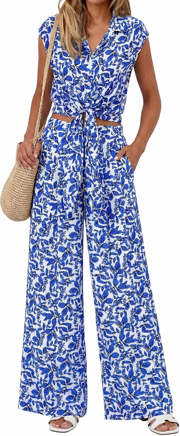 PRETTYGARDEN Women 2 Piece Striped Floral Lounge Set,Floral Blue,S | Cap Sleeve Button Down Strappy Shirts,Elastic Waist Wide Leg Pant With Pockets,Casual Summer Outfits,Beach Vacation Clothes
